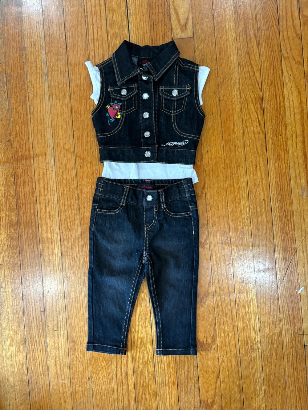 NWOT Ed Hardy outfit Vest Blouse Pants 18M Bby Denim Vtg Y2K 2000 Tattoo ❤️ Snap